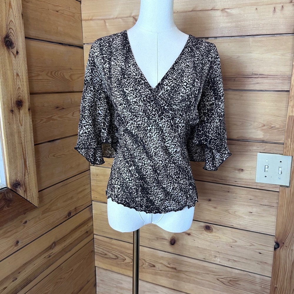 Leopard Print Surplice Top Women Large Brown Flutter Sleeve Cheetah Abria